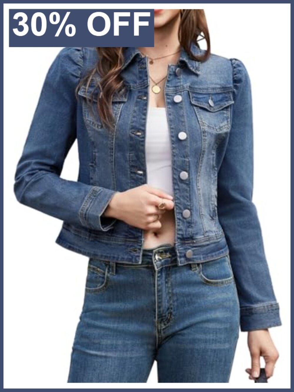 Women's Cropped Denim Jacket Stretch Puff Long Sleeve Ripped Pockets